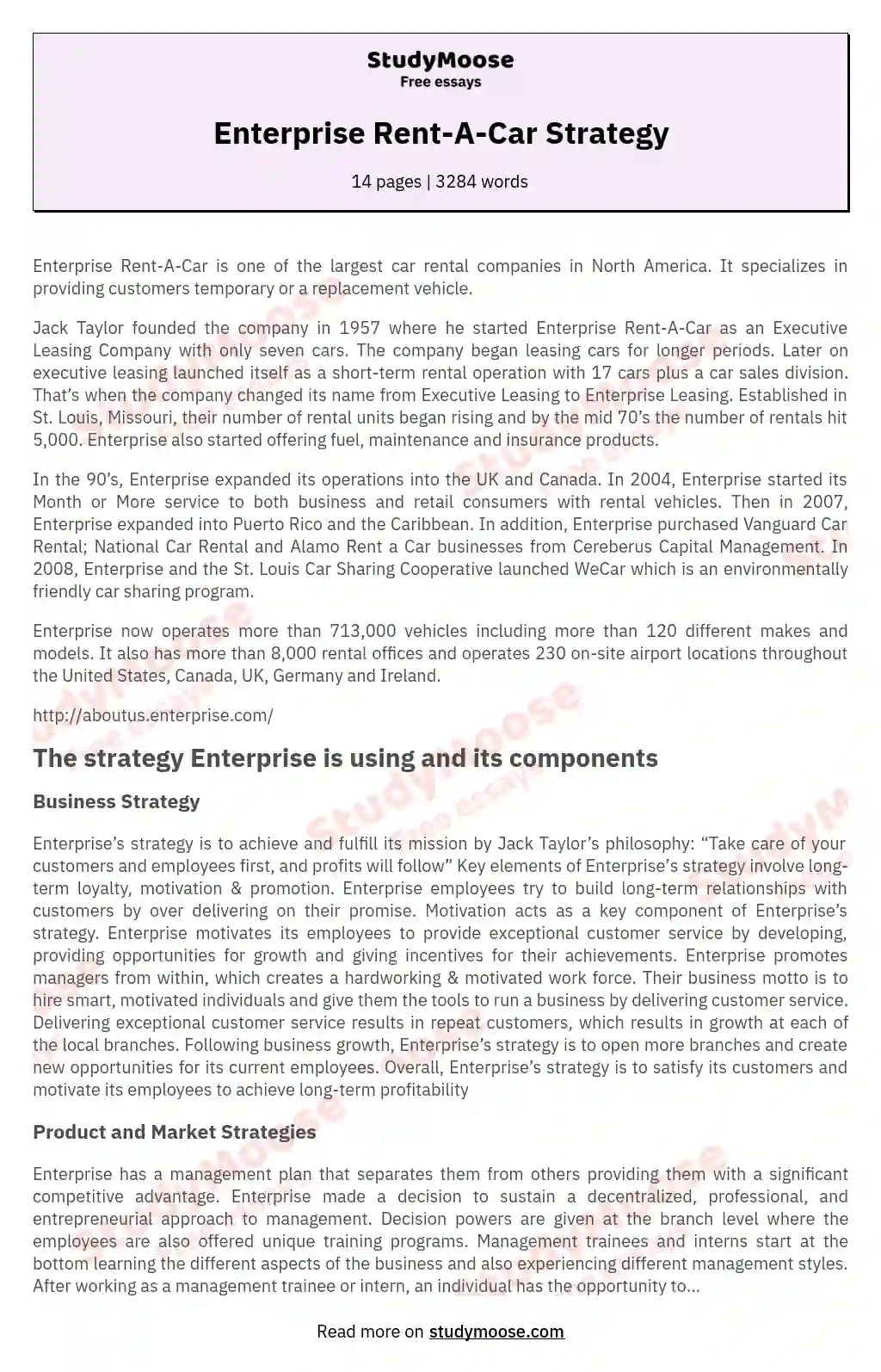 Enterprise RentACar Strategy Free Essay Example