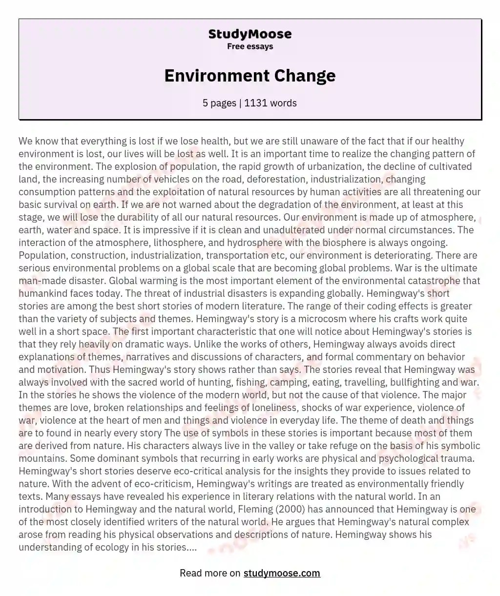 Environment Change Free Essay Example