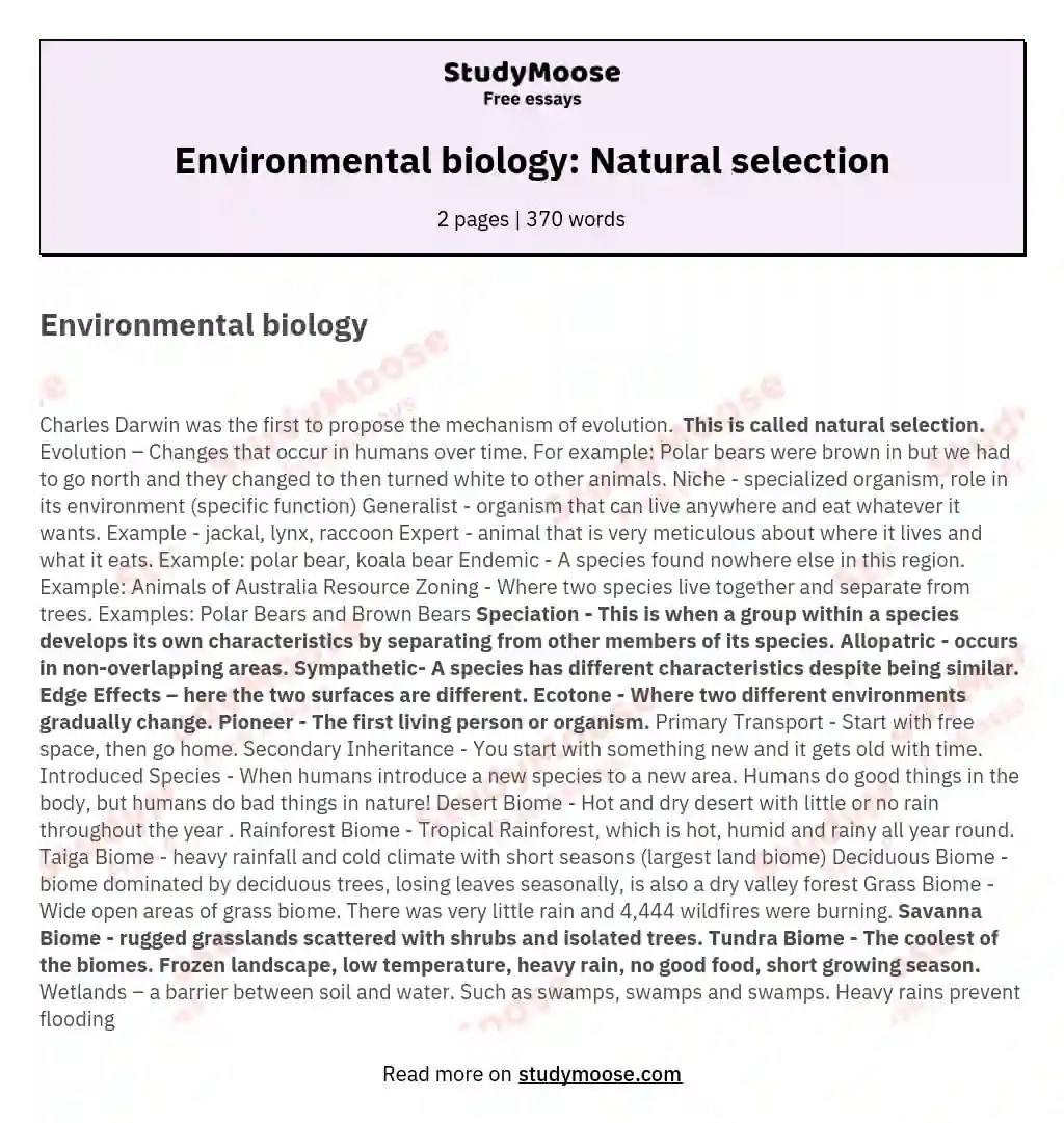 Environmental biology Natural selection Free Essay Example