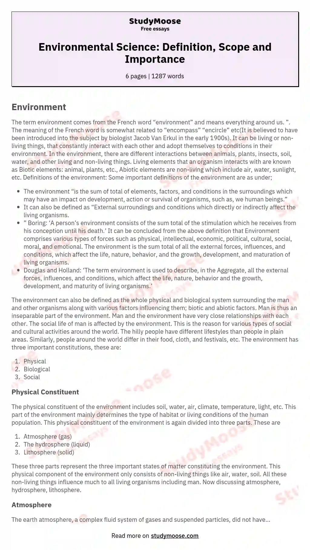 Environmental Science Definition, Scope and Importance Free Essay Example