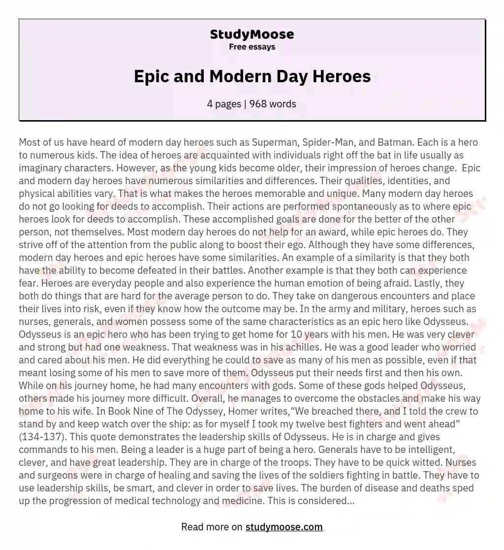 Epic and Modern Day Heroes Free Essay Example