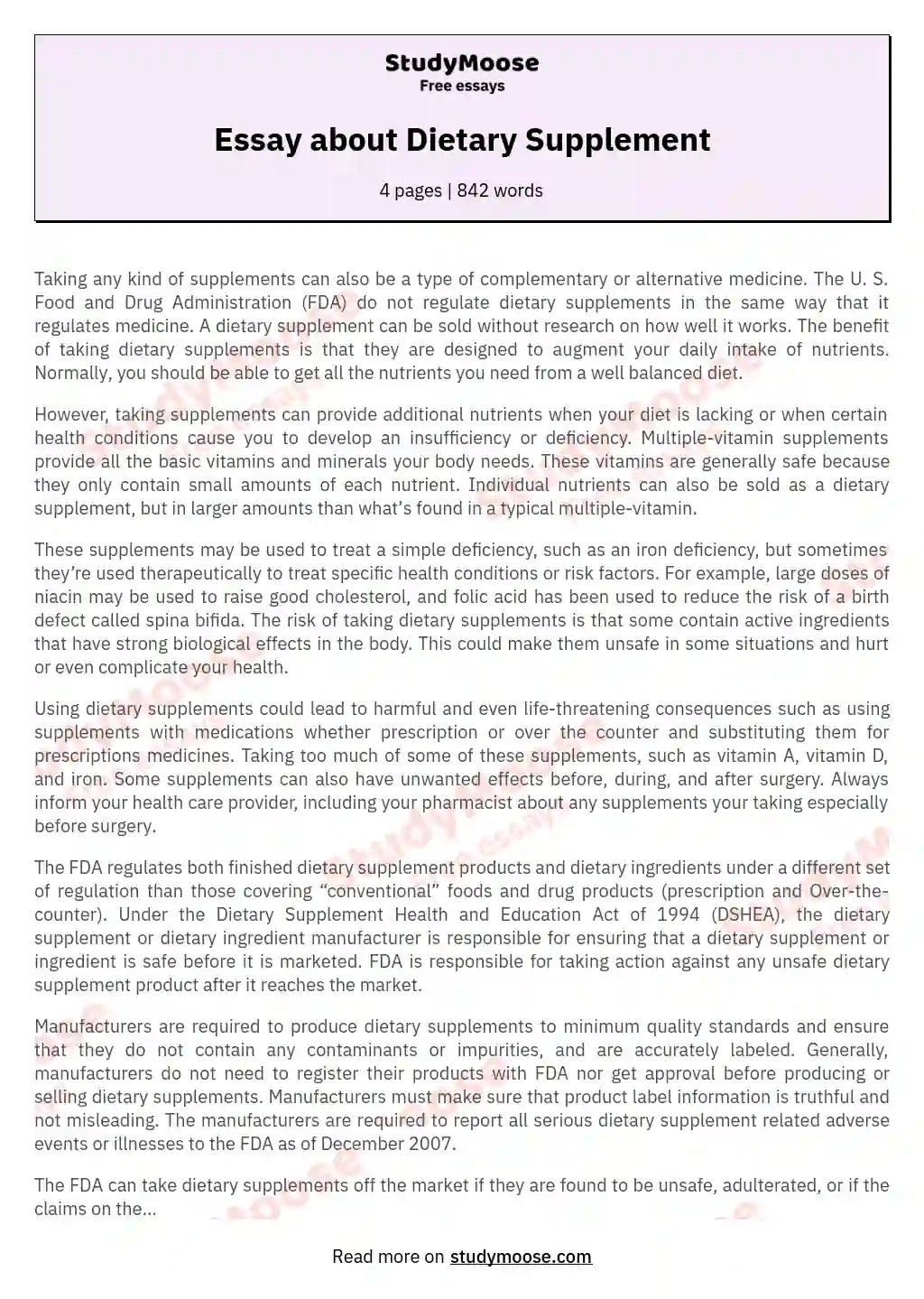 Essay about Dietary Supplement Free Essay Example