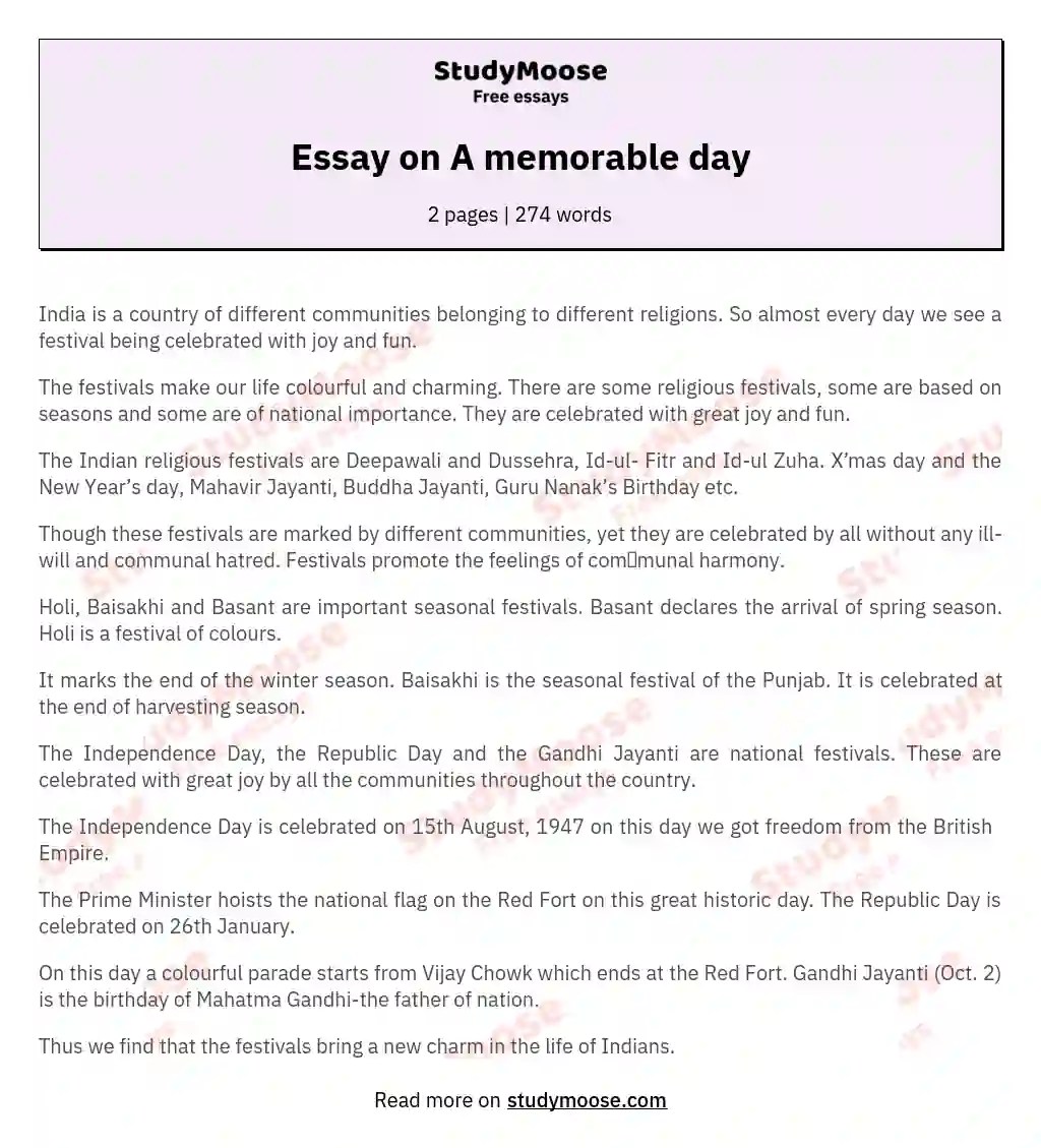 Essay on A memorable day Free Essay Example