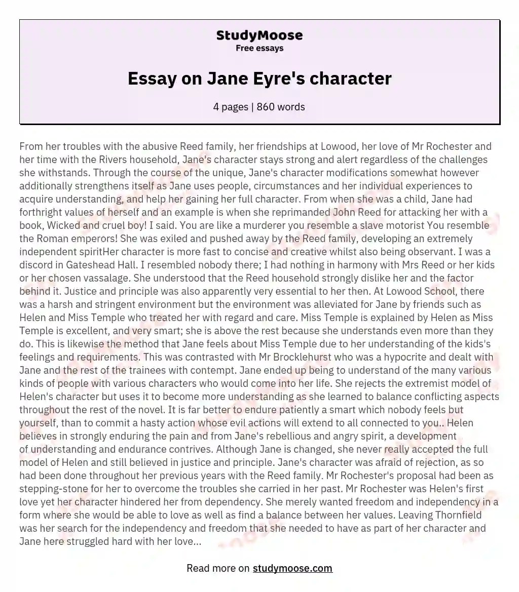 Essay on Jane Eyre's character Free Essay Example