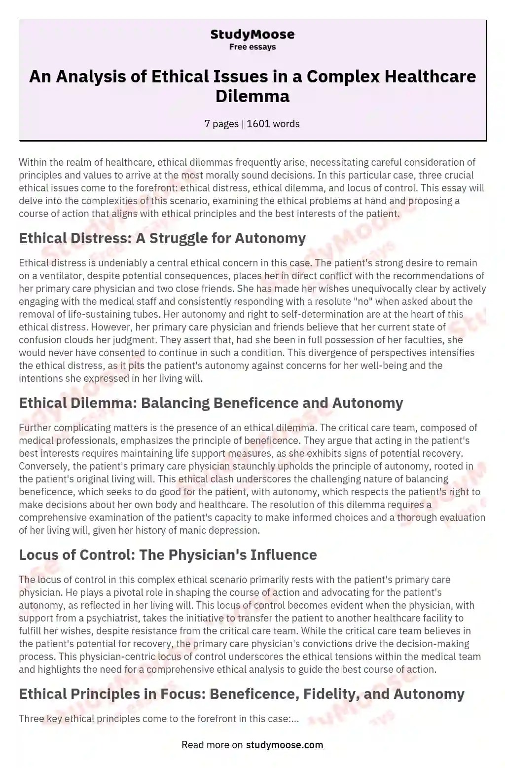 Ethical Analysis Of Case Study analysis paper example, Free essay Sample