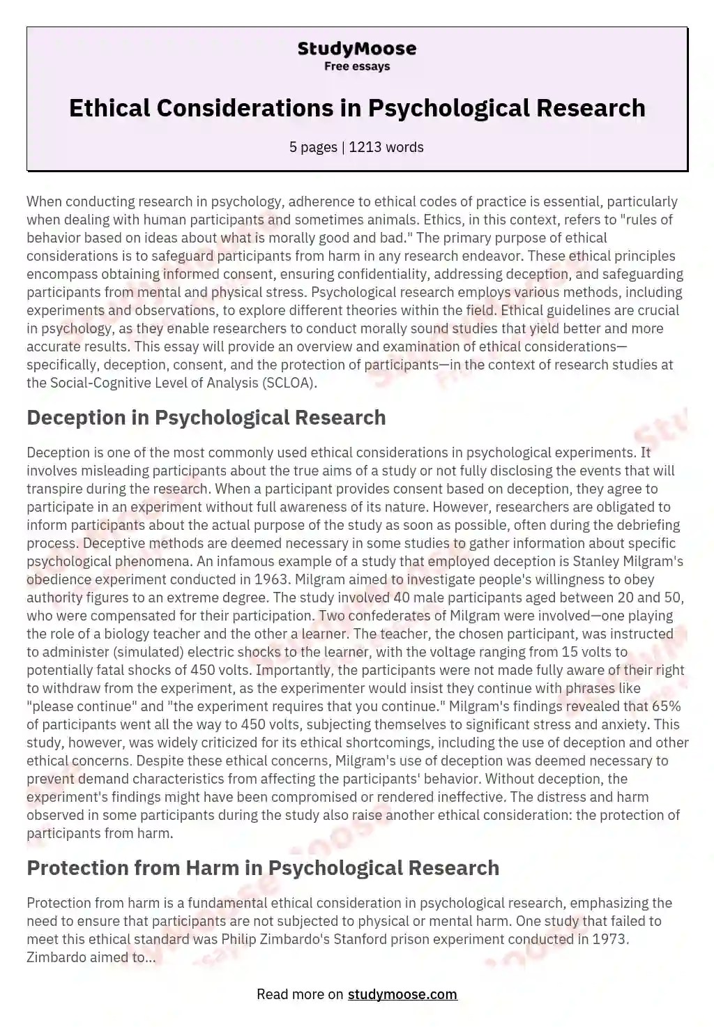 Ethical Considerations in Psychological Research Free Essay Example