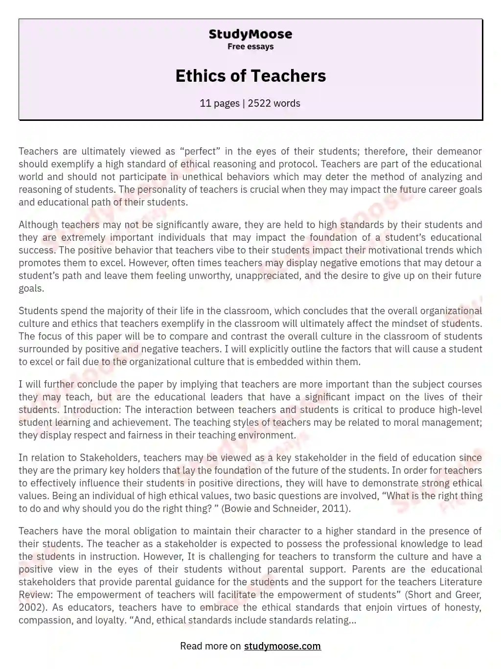 Ethics of Teachers Free Essay Example