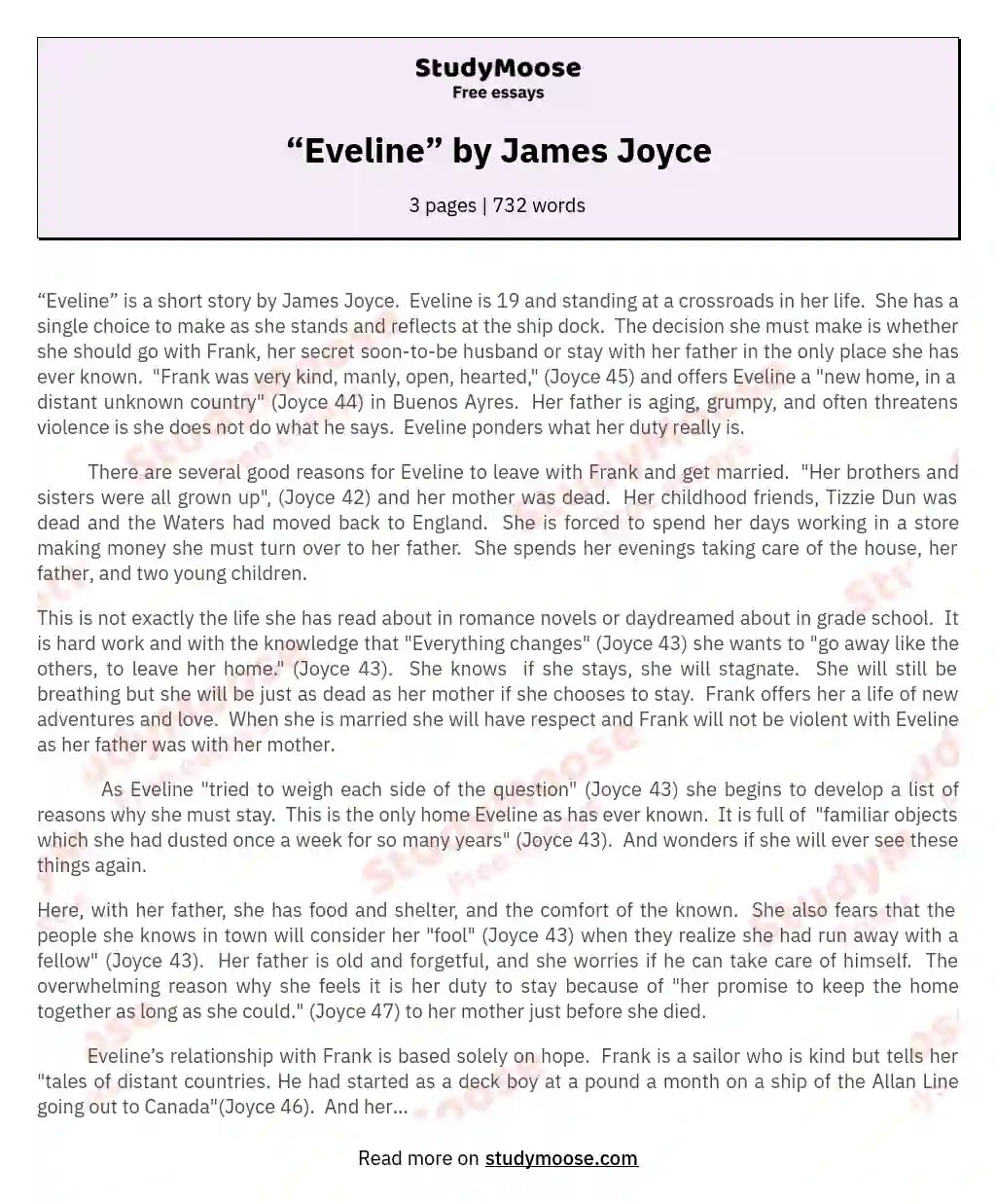 “Eveline” by James Joyce Free Essay Example