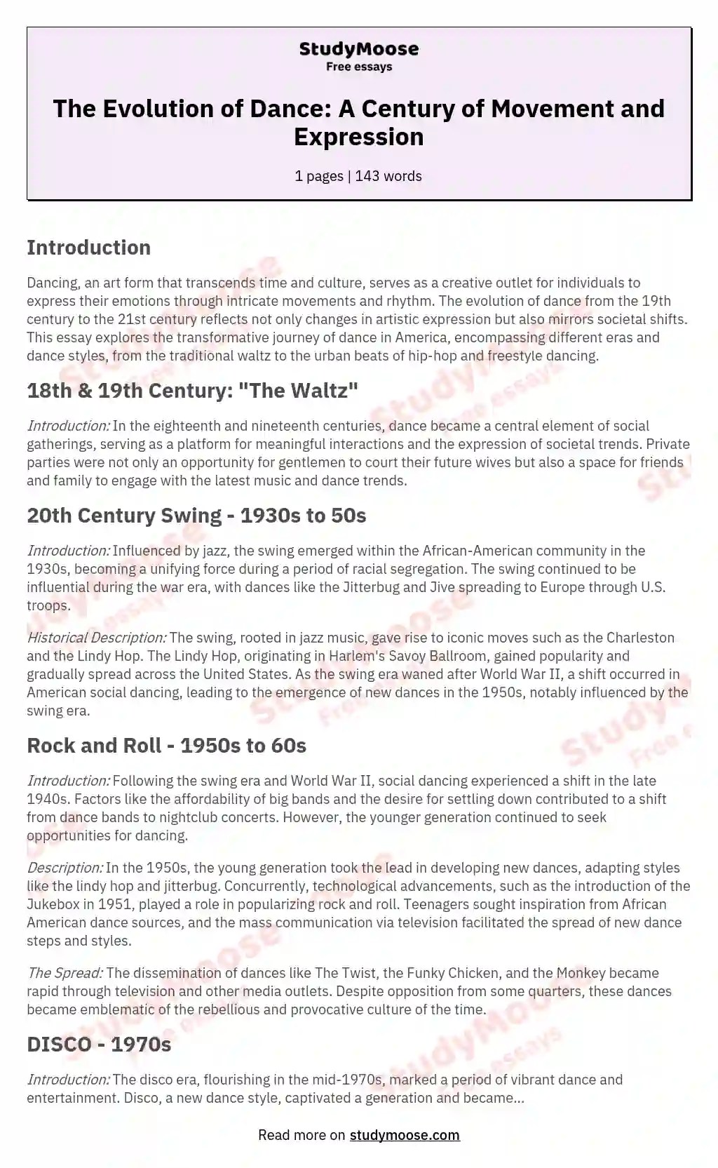 The Evolution of Dance A Century of Movement and Expression Free Essay