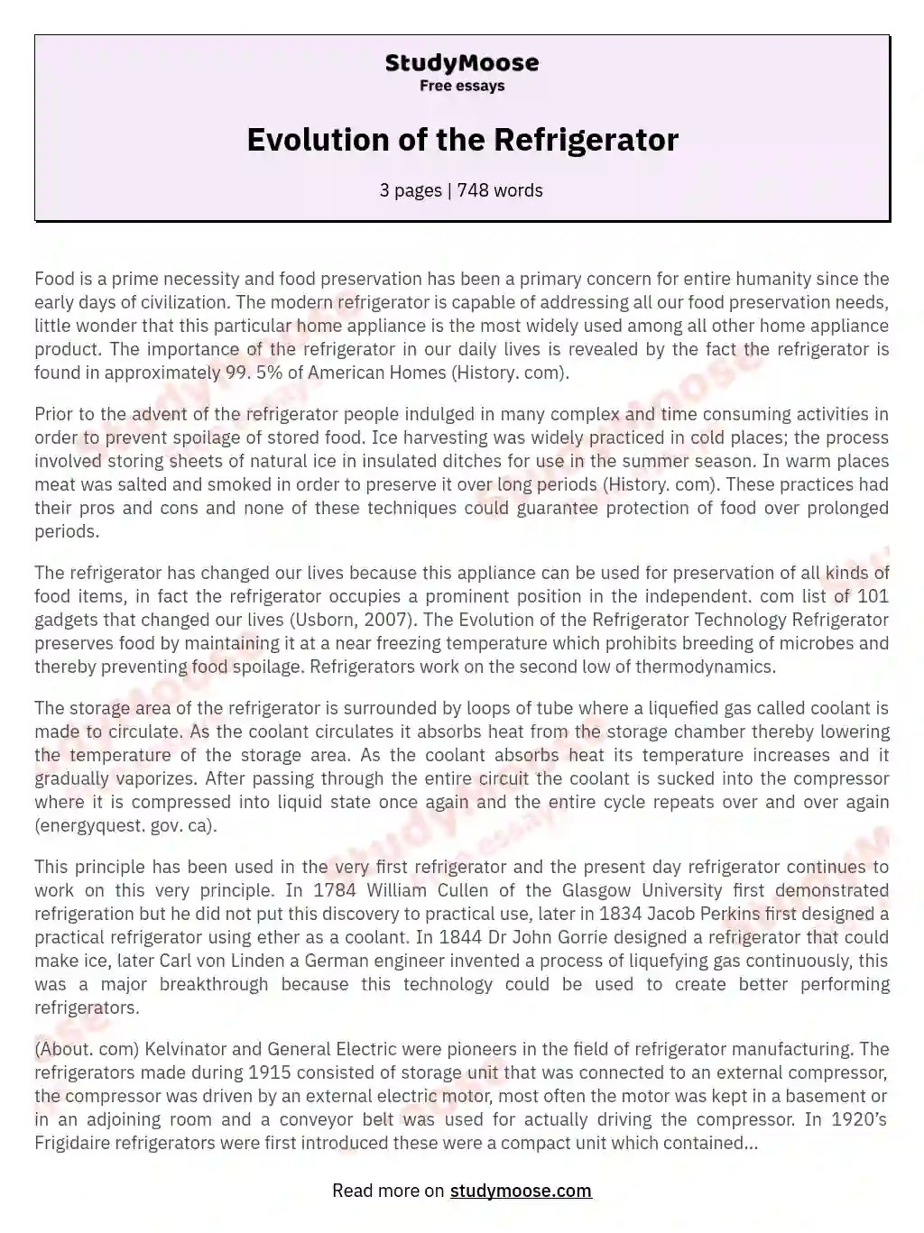 Evolution of the Refrigerator Free Essay Example