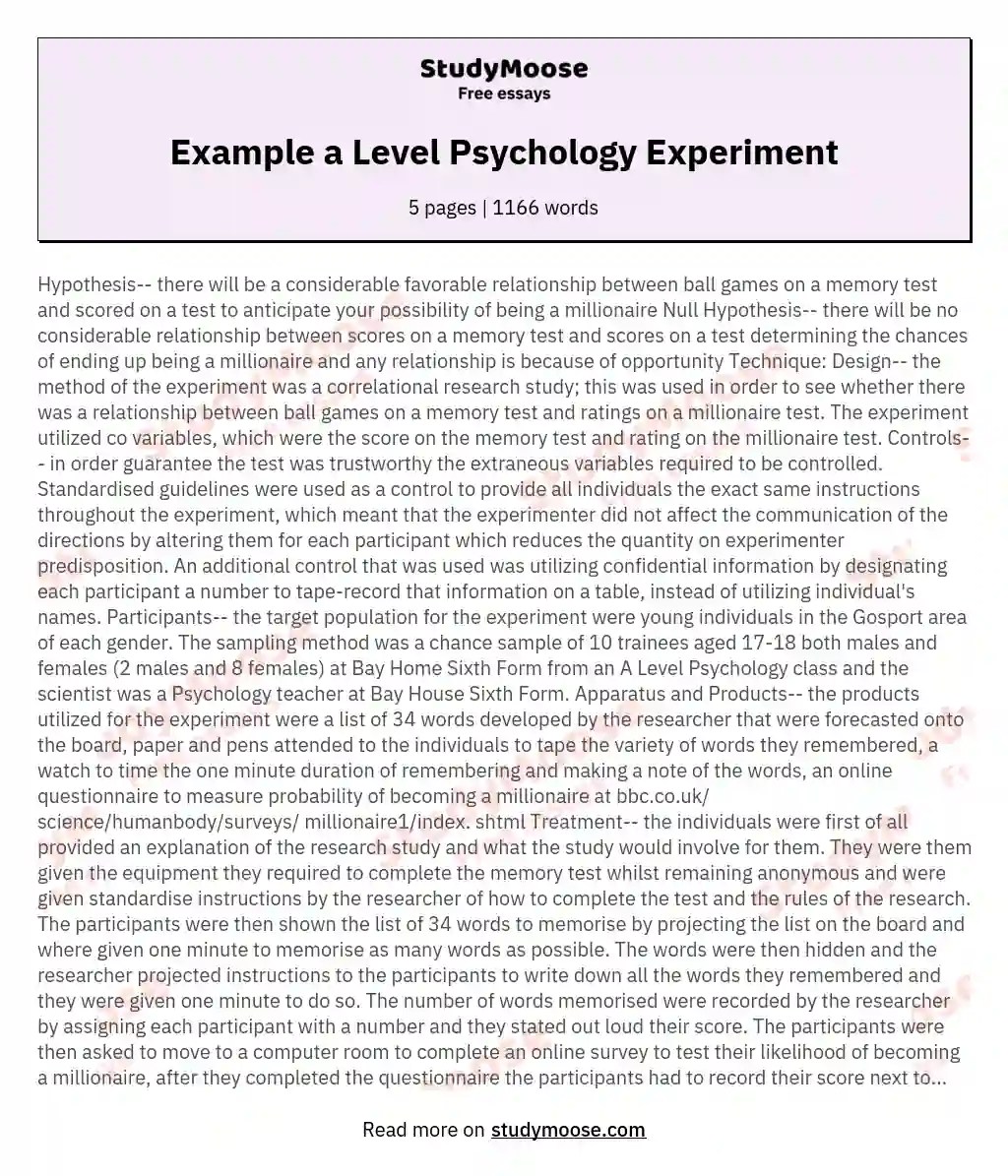 Example a Level Psychology Experiment Free Essay Example