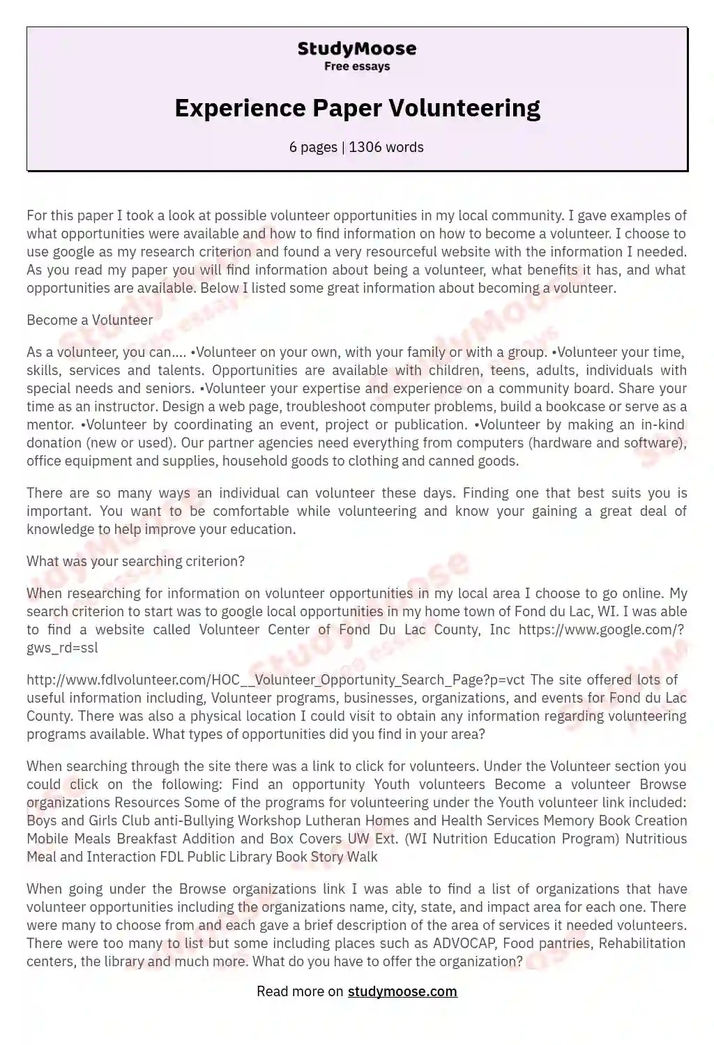 Experience Paper Volunteering Free Essay Example