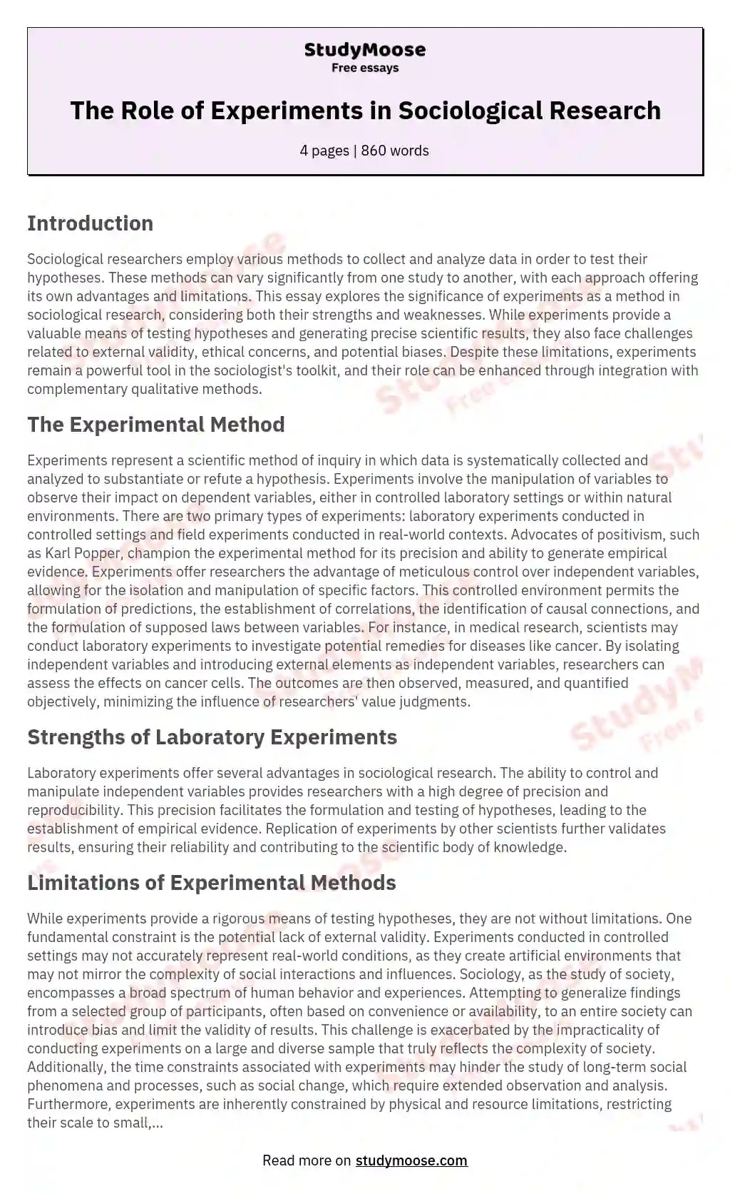 Experiment Method Its Advantages and Disadvantages Research Paper Example Free Essay