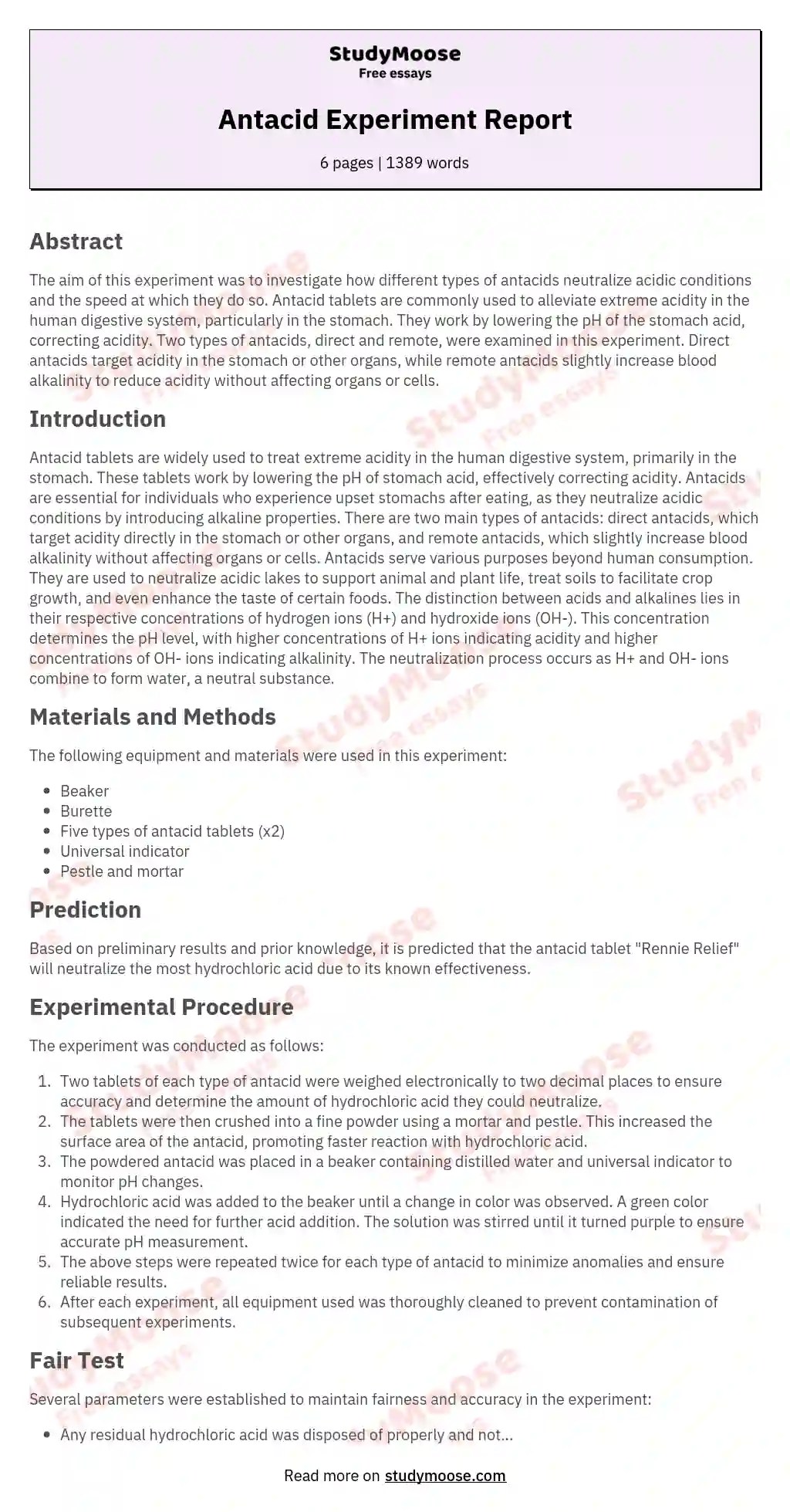 Antacid Experiment Report Free Essay Example