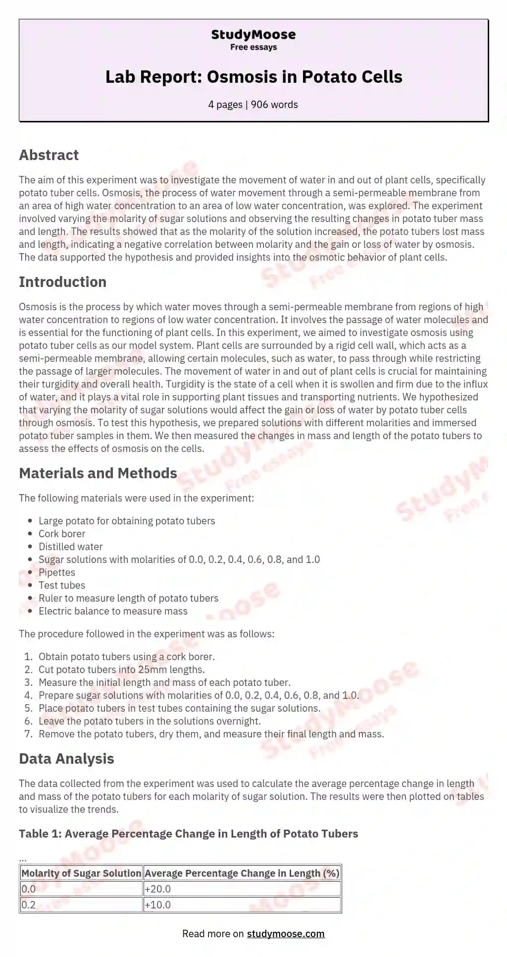 Lab Report Osmosis in Potato Cells StudyMoose