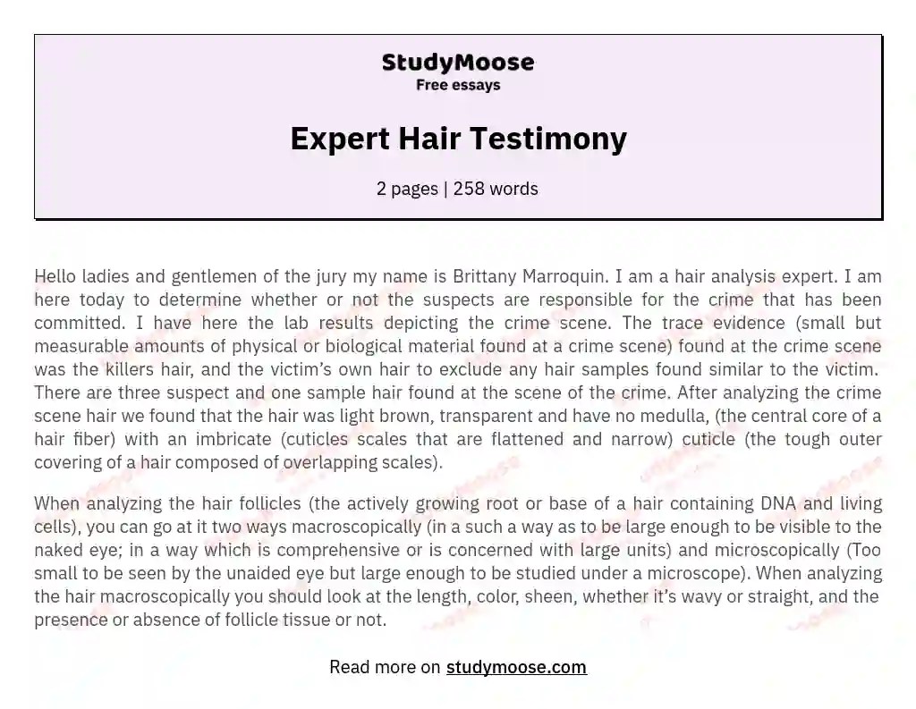 Expert Hair Testimony Free Essay Example