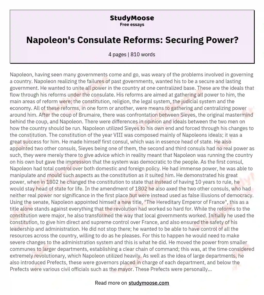 Napoleon's Consulate Reforms Securing Power? Free Essay Example