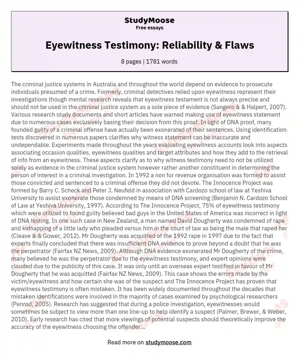 Eyewitness Testimony Reliability & Flaws Free Essay Example