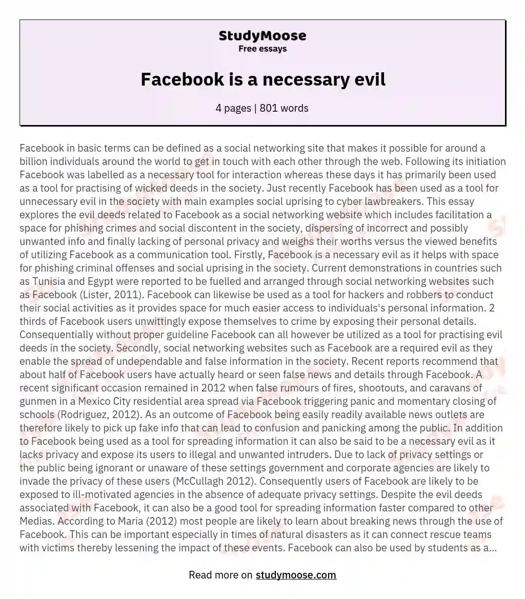 Facebook is a necessary evil Free Essay Example