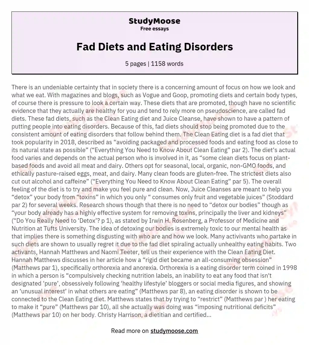 Fad Diets and Eating Disorders Free Essay Example