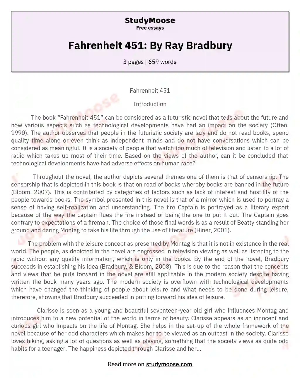 Fahrenheit 451 By Ray Bradbury Free Essay Example