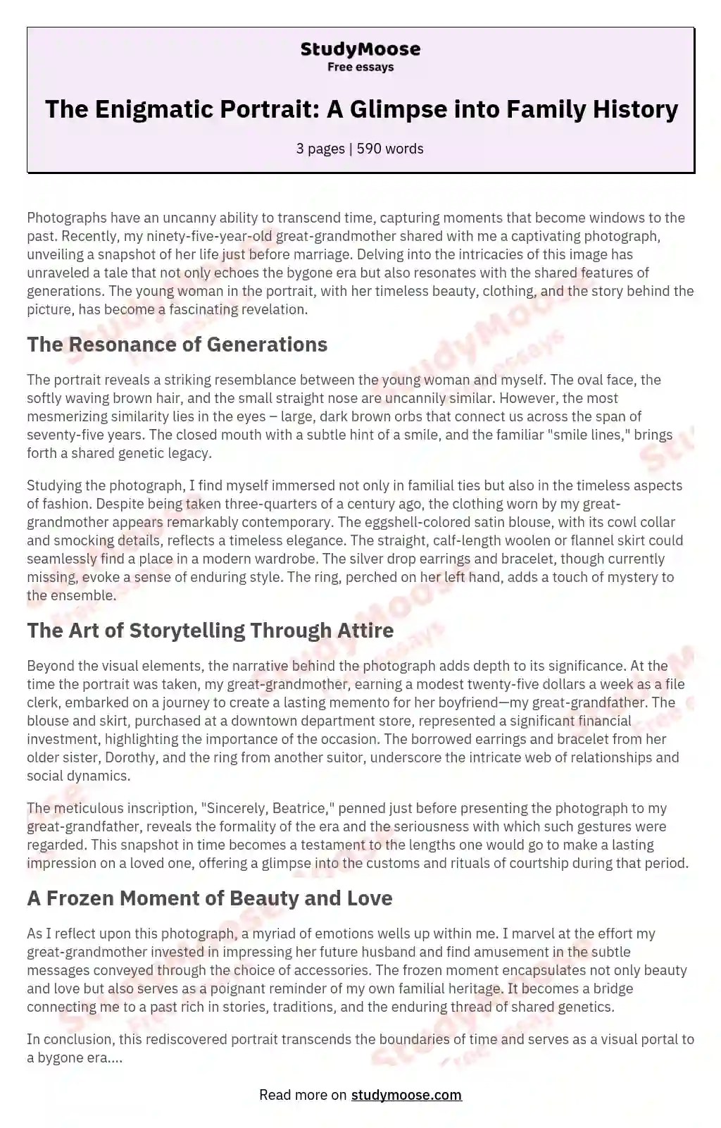 The Enigmatic Portrait A Glimpse into Family History Free Essay Example