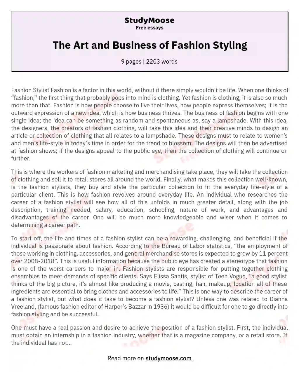 The Art and Business of Fashion Styling Free Essay Example