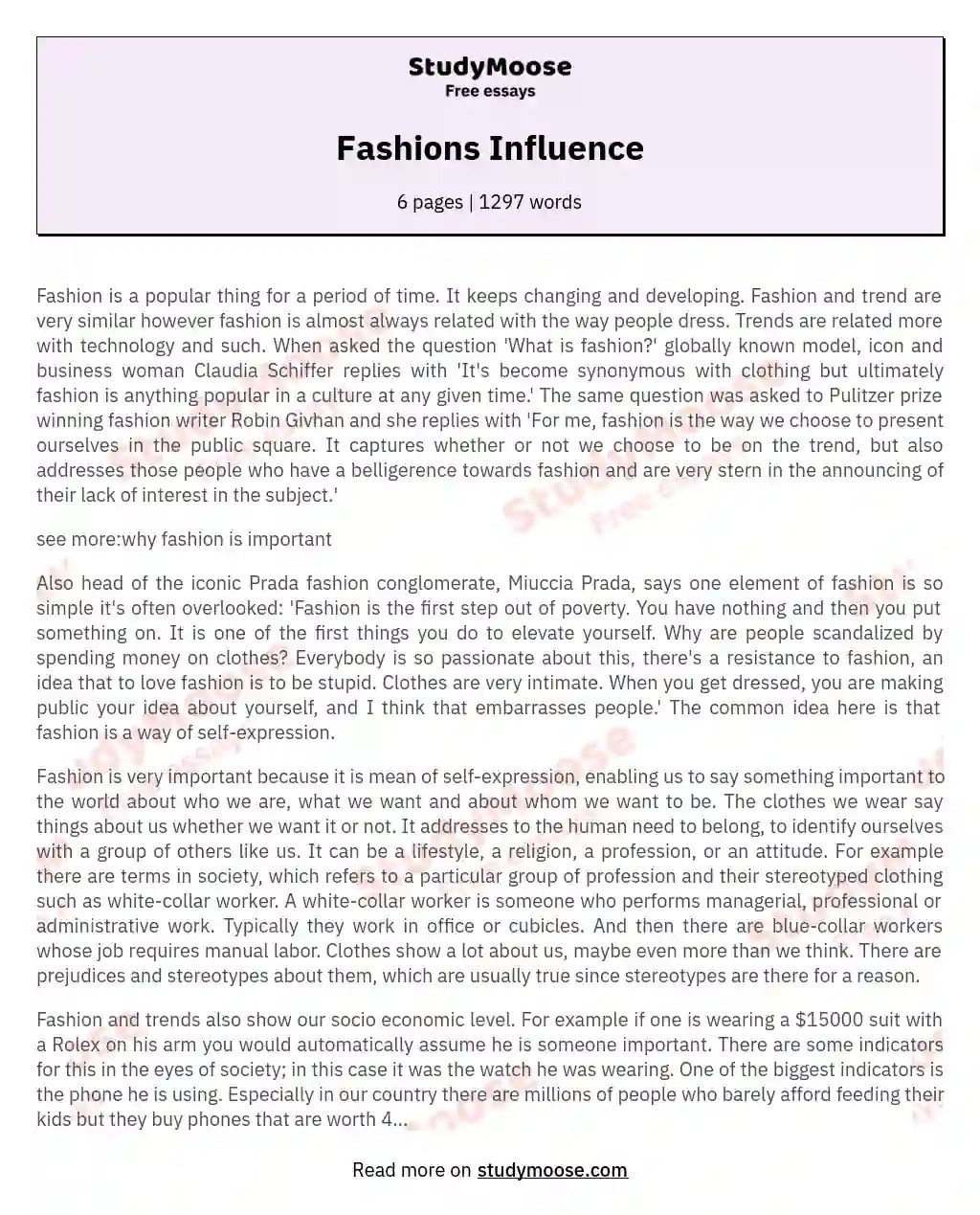 Fashions Influence Free Essay Example
