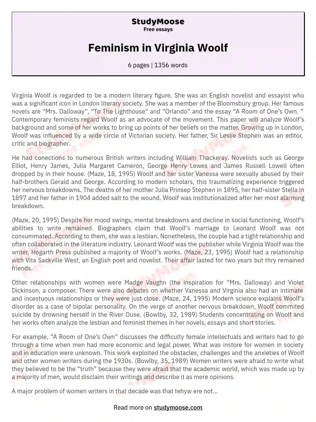 Feminism in Virginia Woolf Free Essay Example