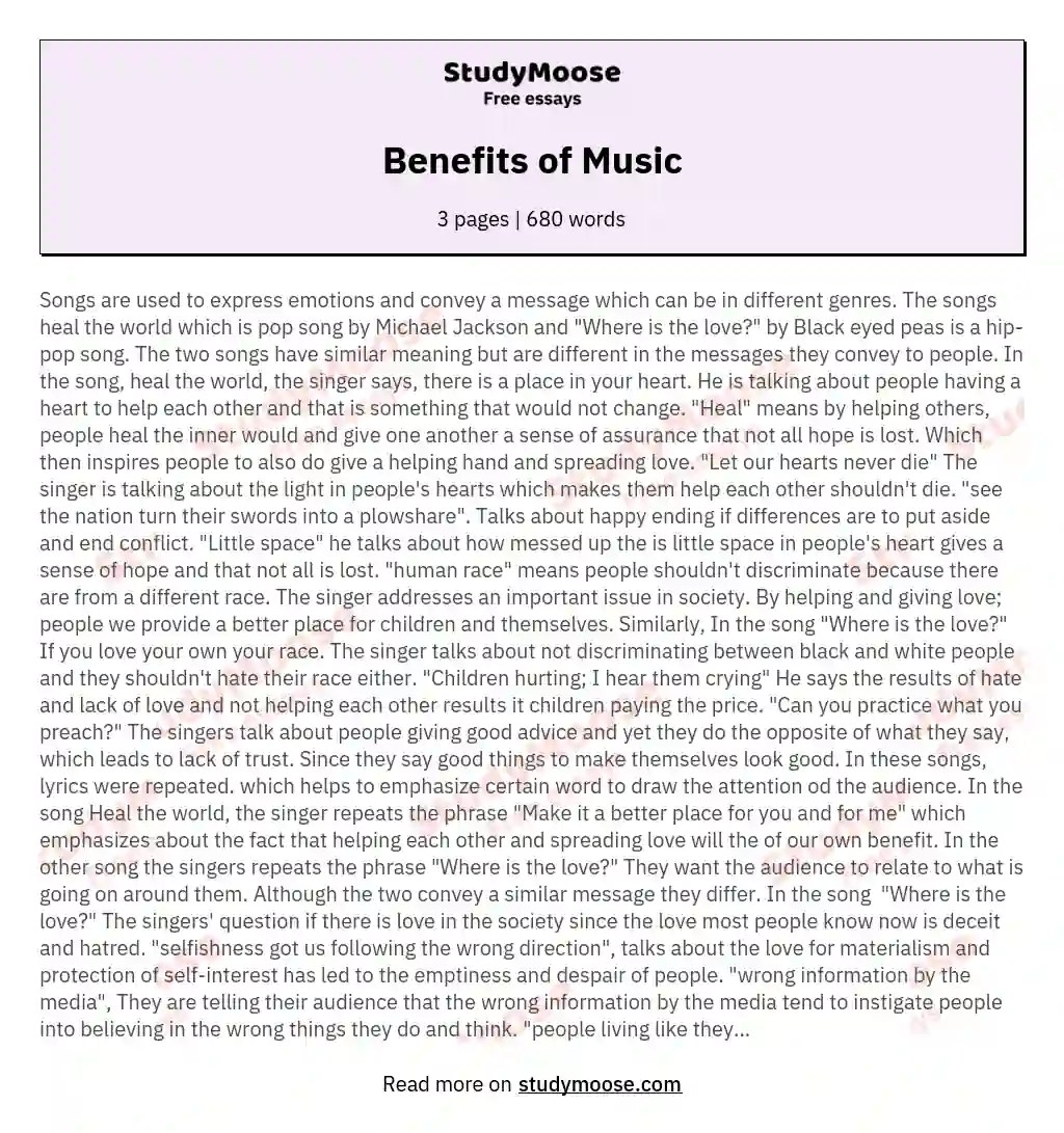 Benefits of Music Free Essay Example