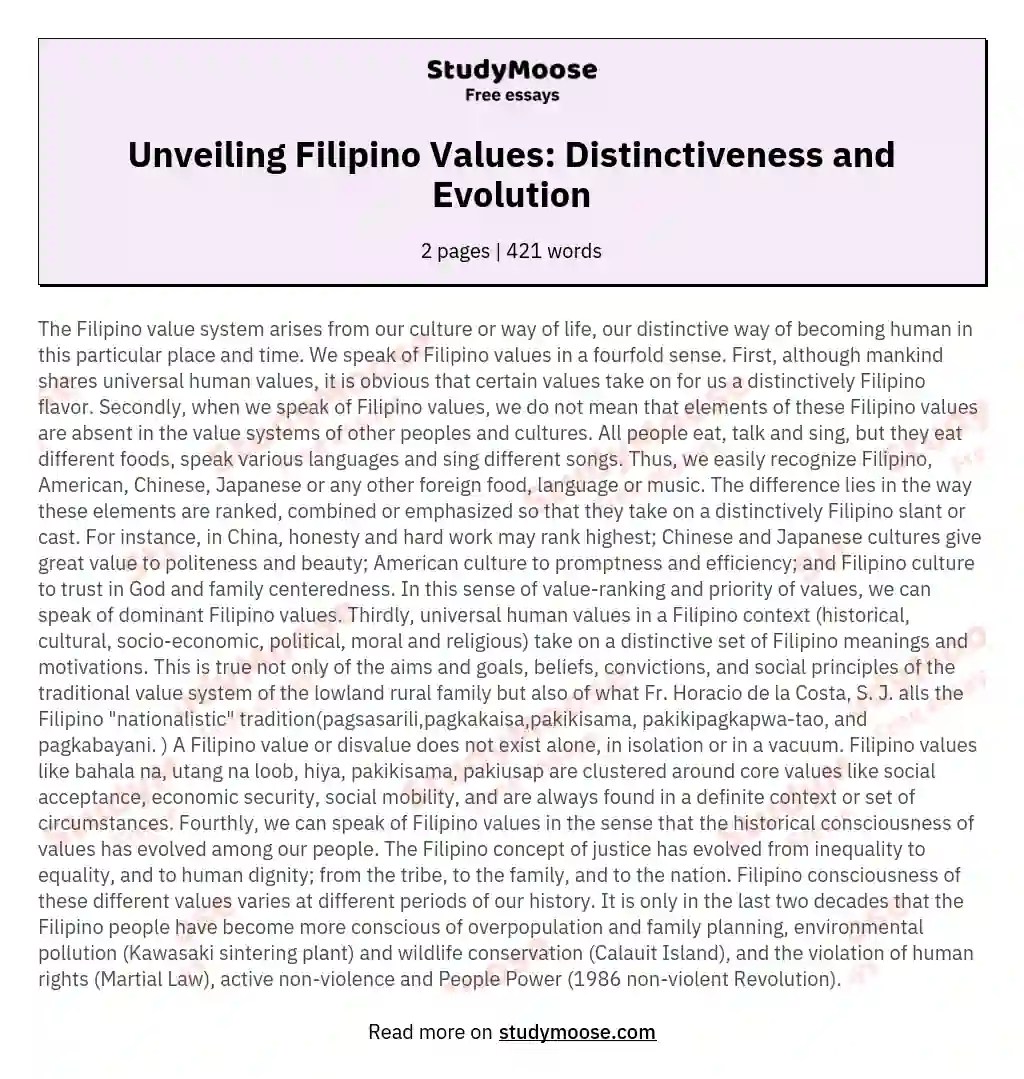 Unveiling Filipino Values Distinctiveness and Evolution Free Essay Example