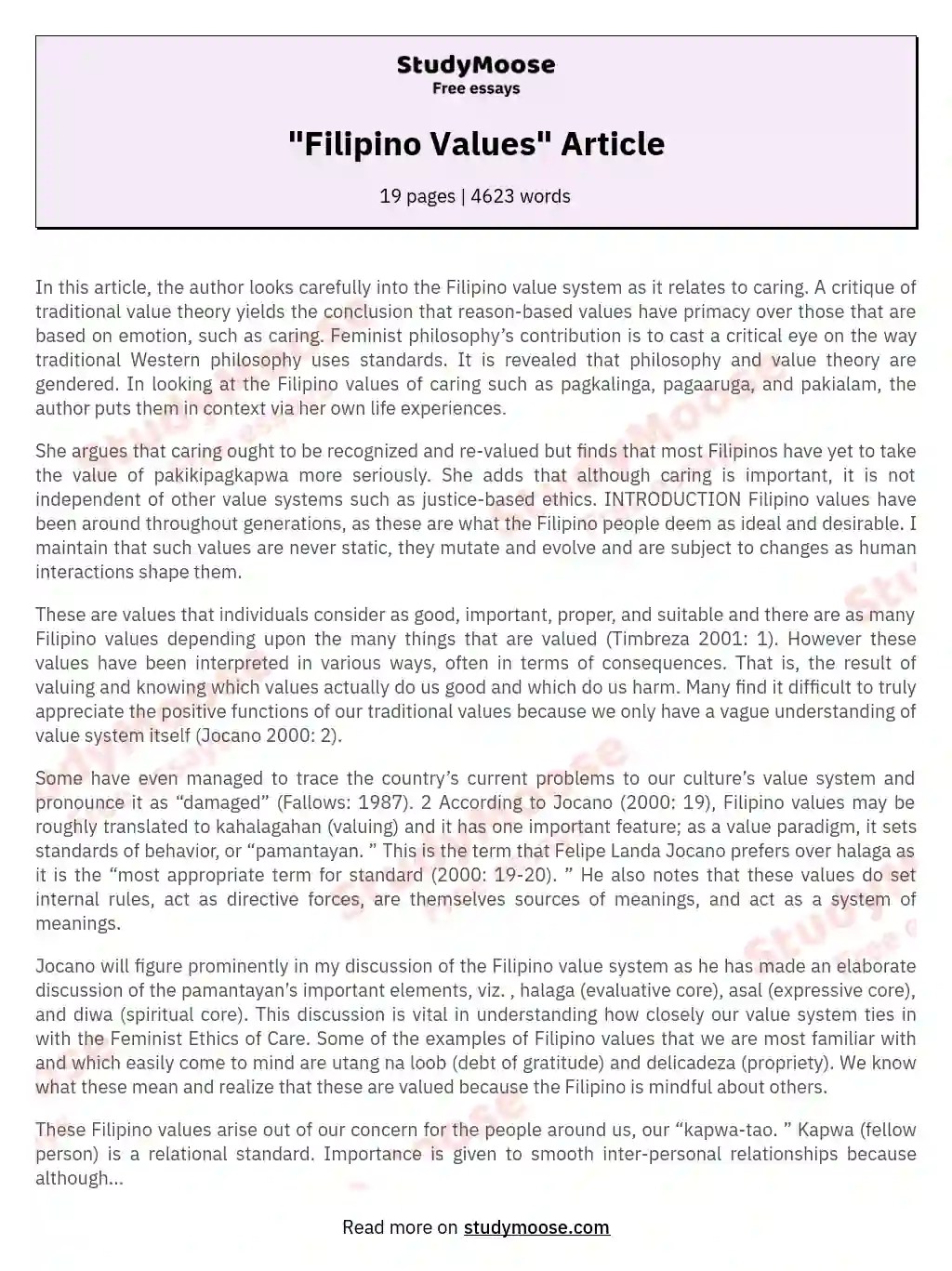 "Filipino Values" Article Free Essay Example