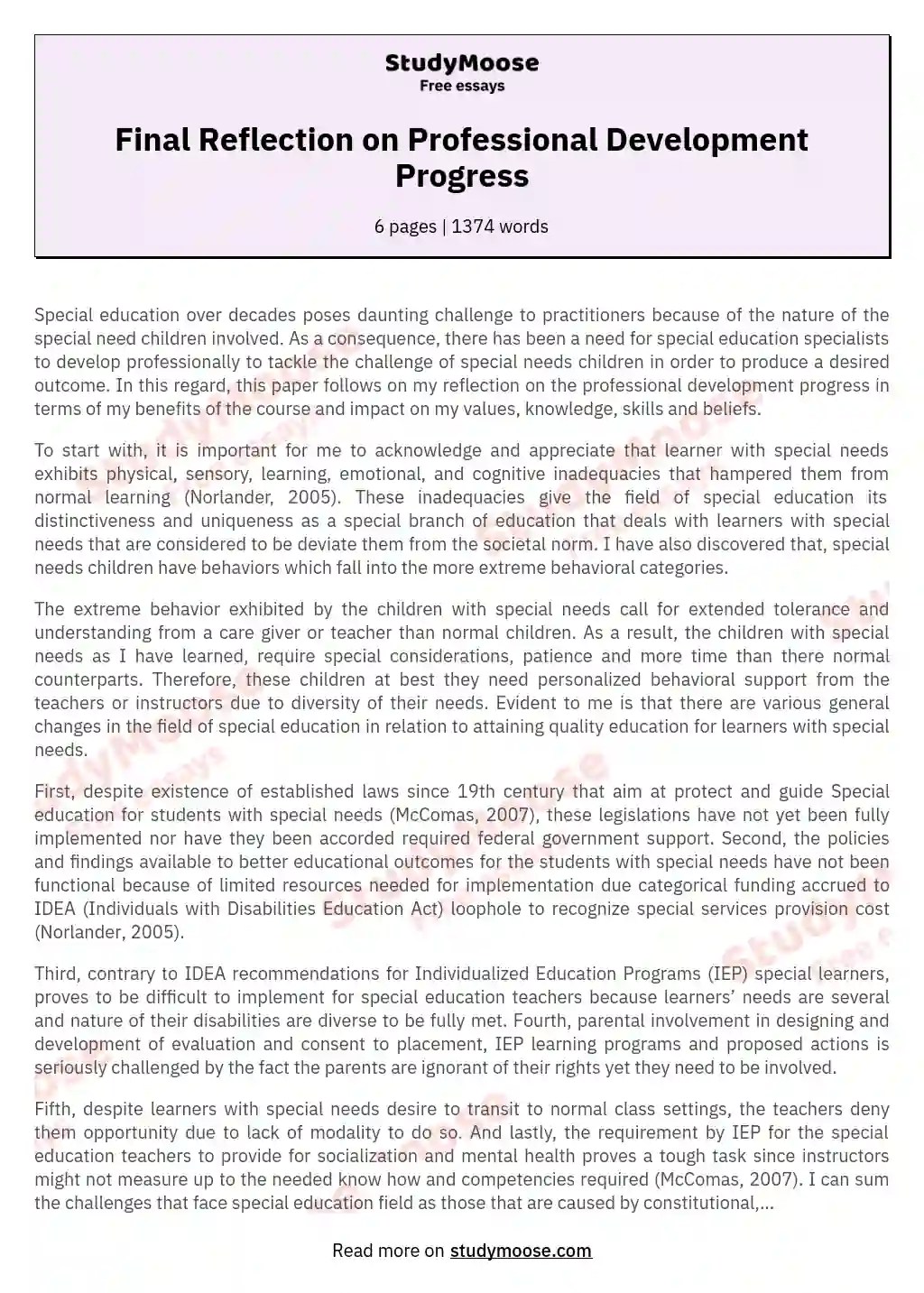 Final Reflection on Professional Development Progress Free Essay Example