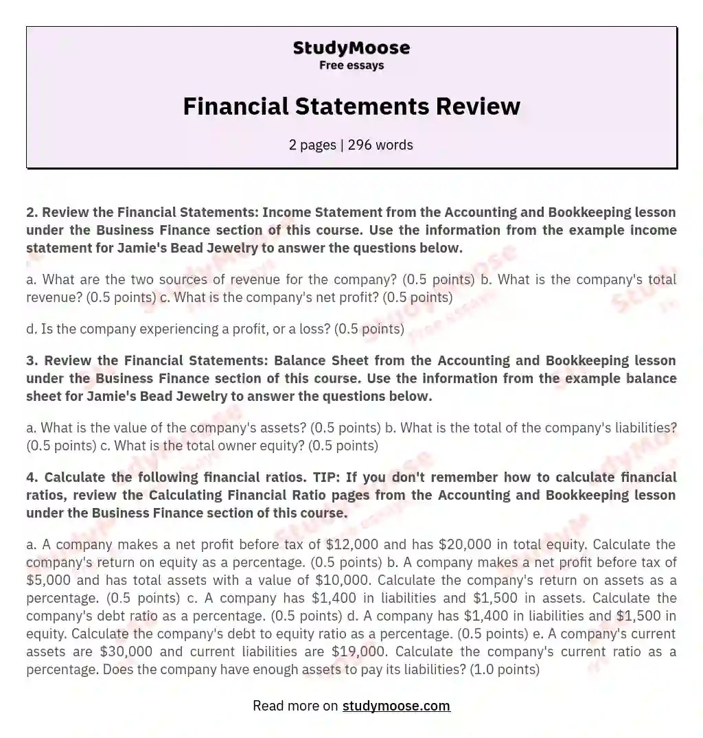 Financial Statements Review Free Essay Example