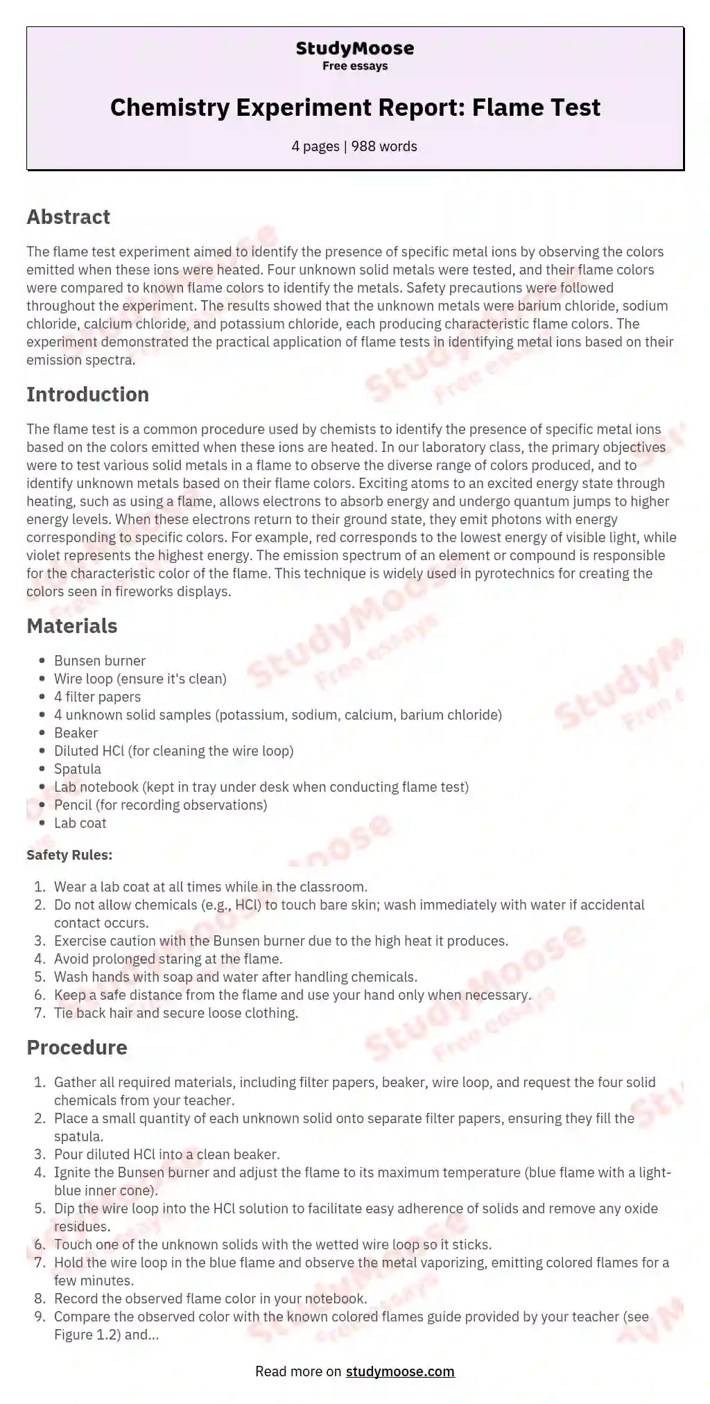 Chemistry Experiment Report Flame Test Free Essay Example