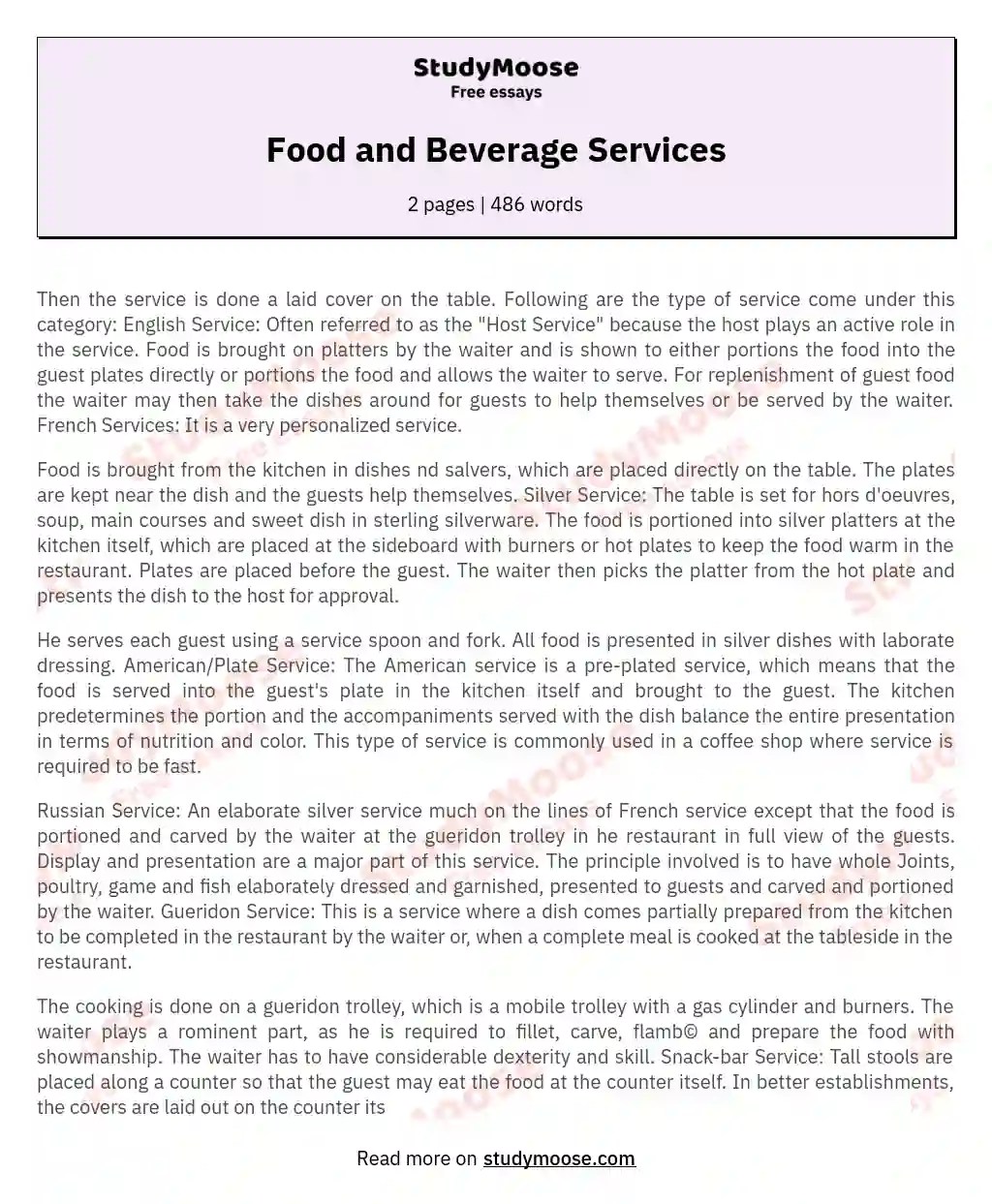 Food and Beverage Services Free Essay Example