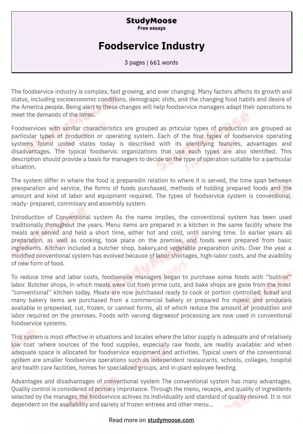 Foodservice Industry Free Essay Example