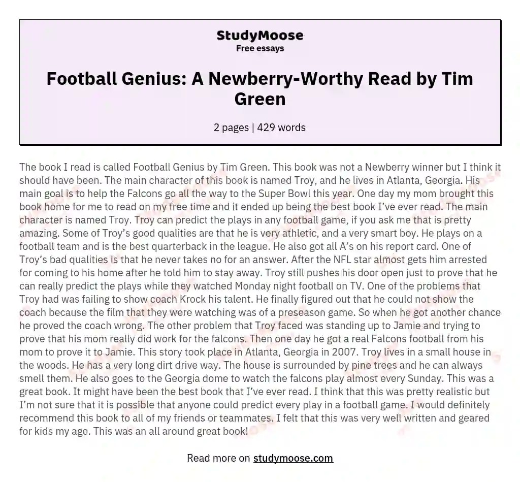 Football Genius A NewberryWorthy Read by Tim Green Free Essay Example