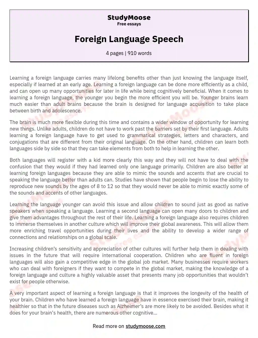 Foreign Language Speech Free Essay Example
