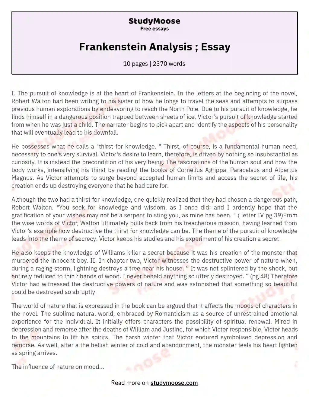 Frankenstein Analysis ; Essay Free Essay Example