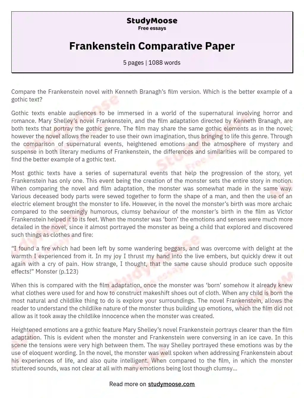 Frankenstein Comparative Paper Free Essay Example
