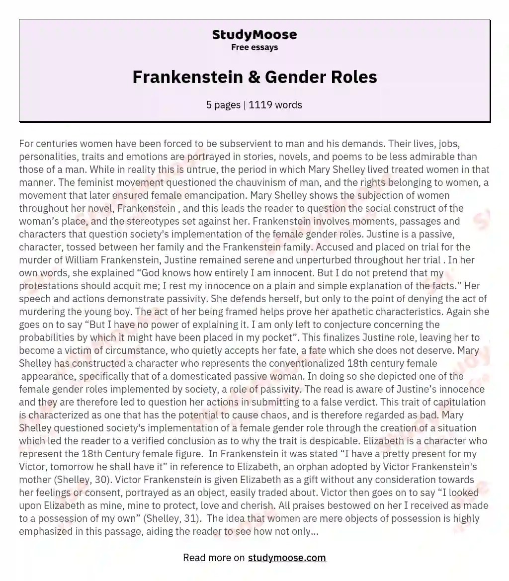 Frankenstein & Gender Roles Free Essay Example