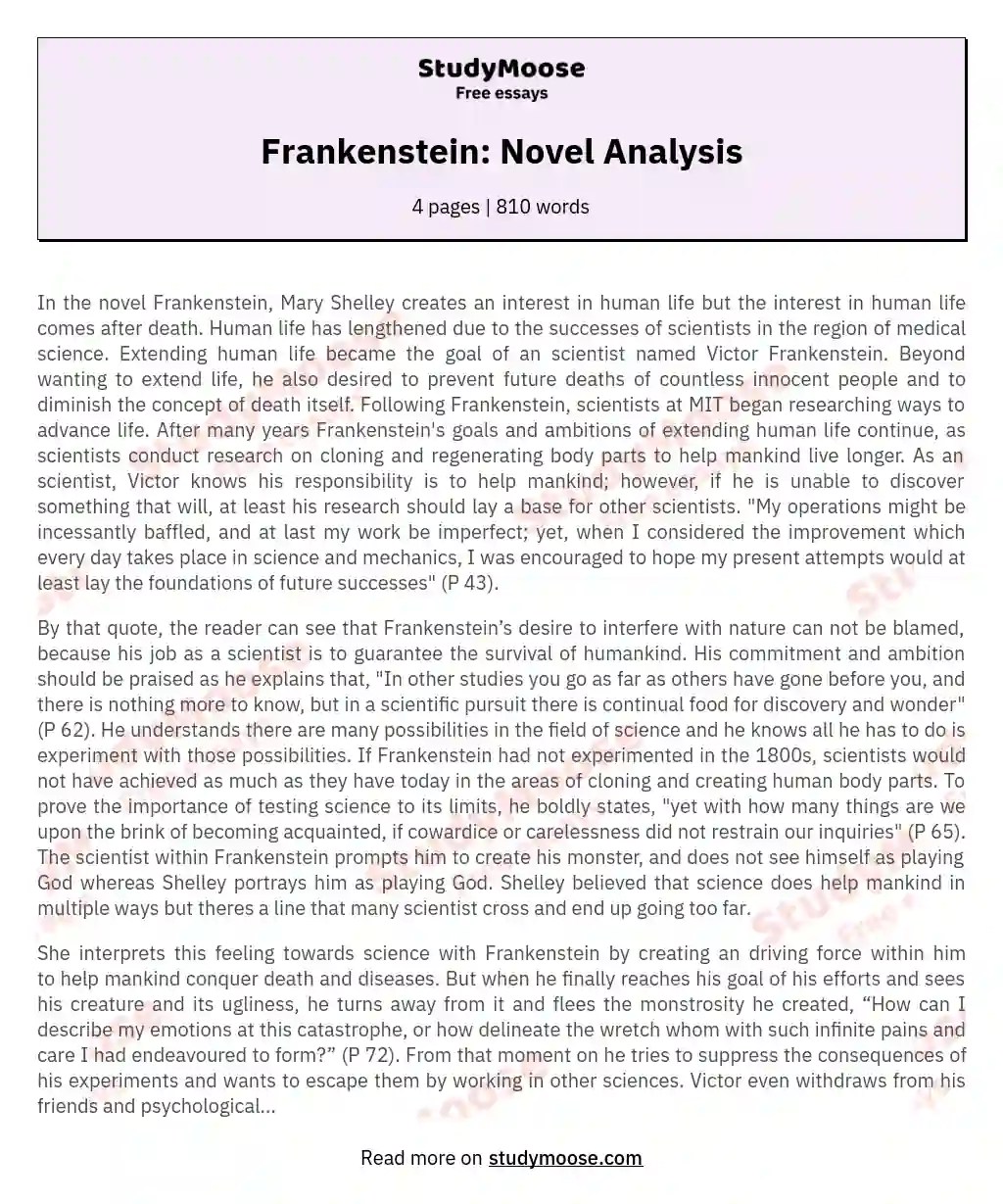 Frankenstein Novel Analysis Free Essay Example