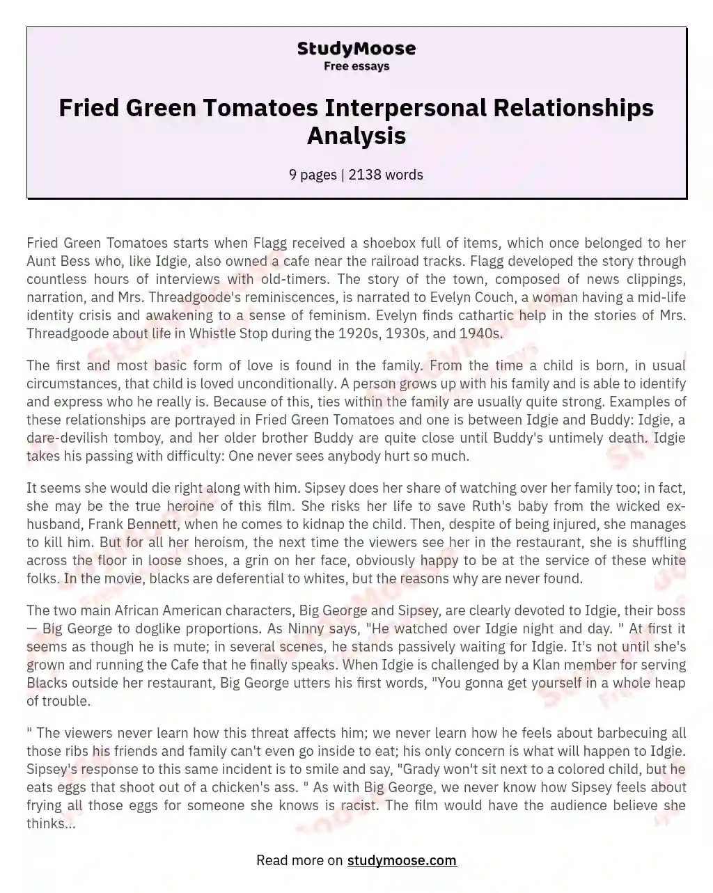 Fried Green Tomatoes Interpersonal Relationships Analysis Free Essay