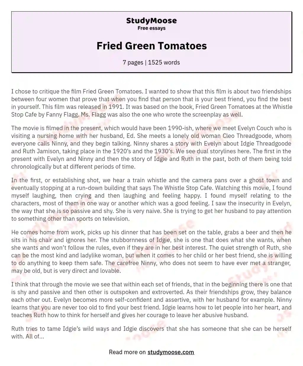 Fried Green Tomatoes Free Essay Example