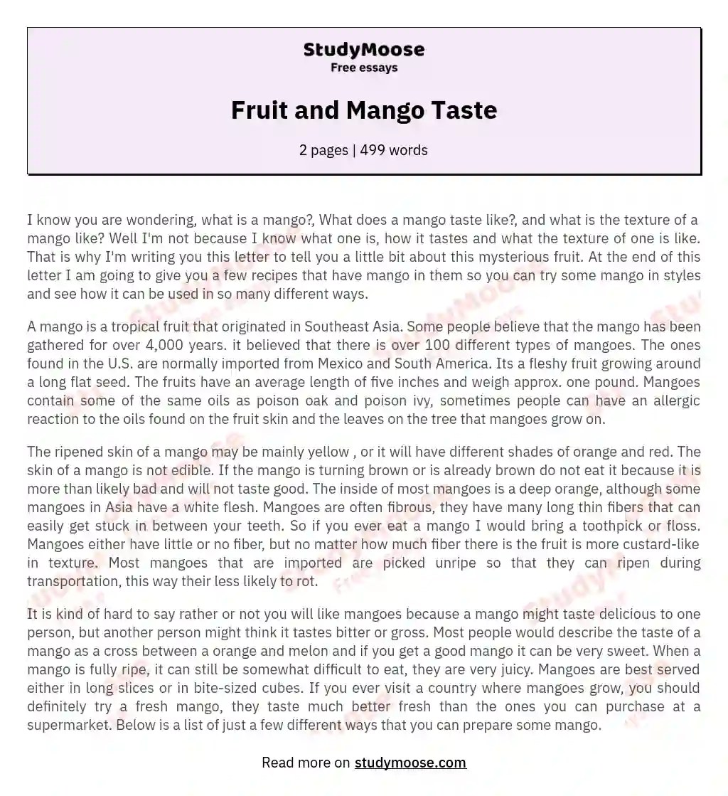 Fruit and Mango Taste Free Essay Example