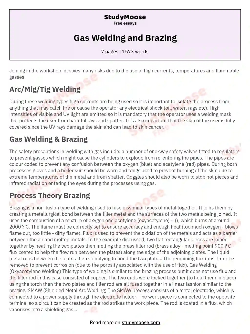 Gas Welding and Brazing Free Essay Example
