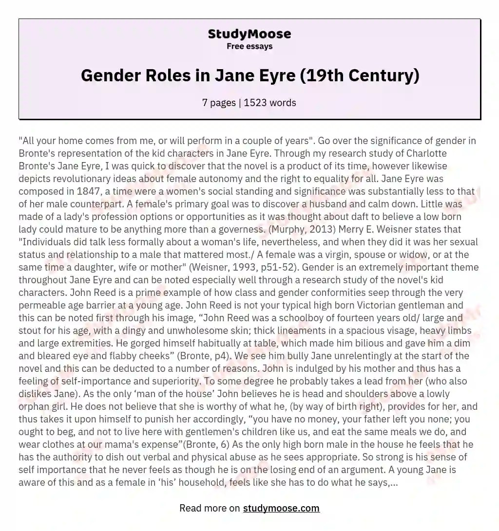 Gender Roles in Jane Eyre (19th Century) Free Essay Example