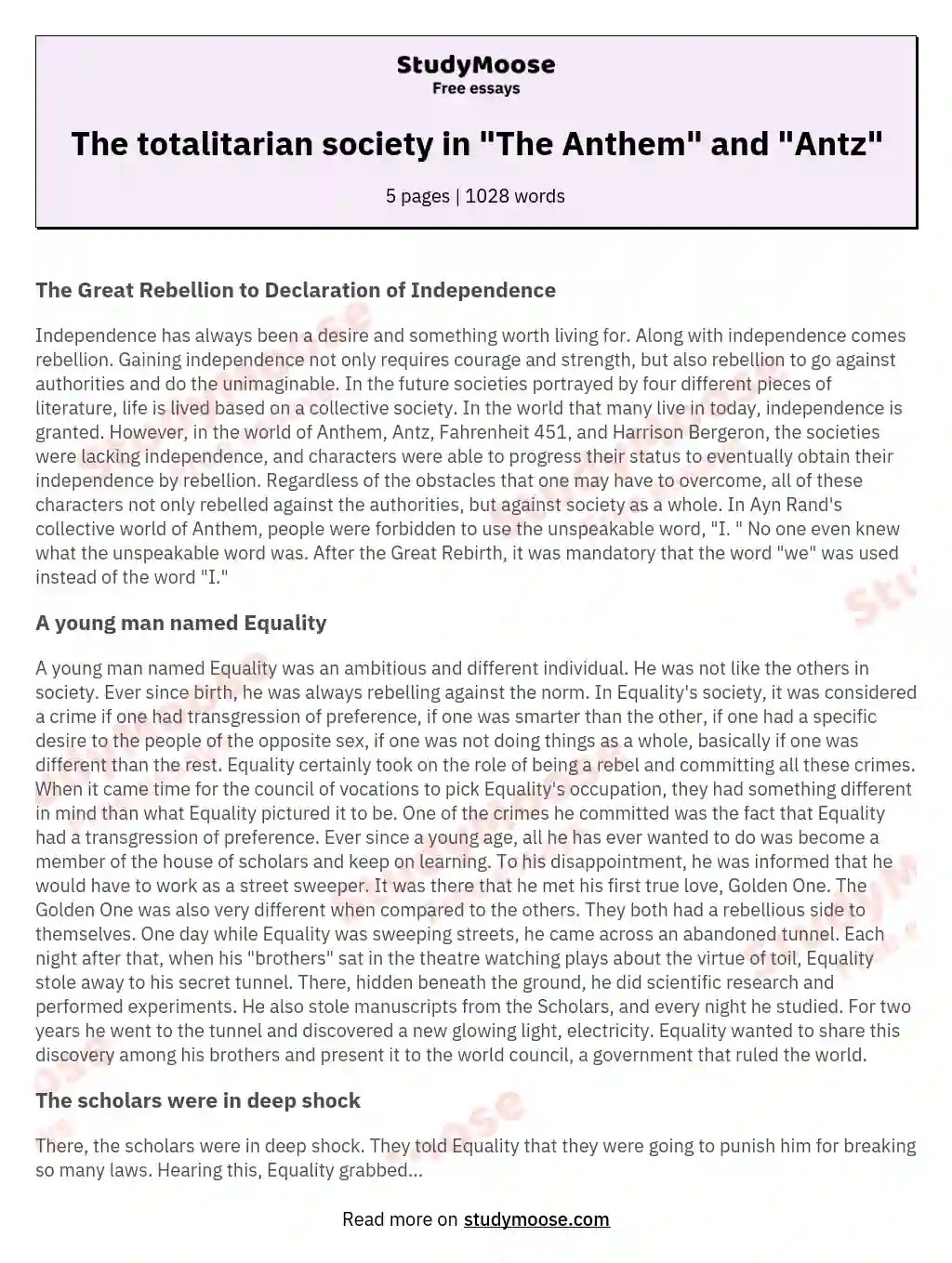 The totalitarian society in "The Anthem" and "Antz" Free Essay Example