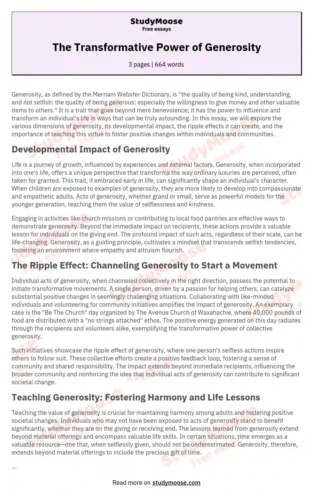 The Transformative Power of Generosity Free Essay Example